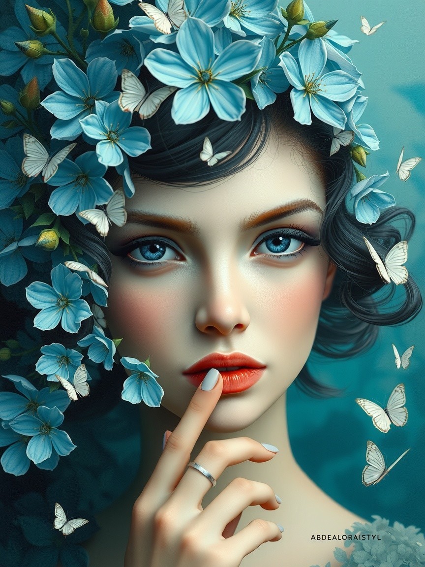 Close-up Portrait of Woman with Floral Crown and Butterflies