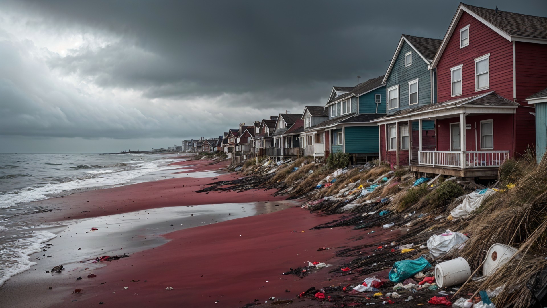 Colorful Houses on a Debris-Littered Coastline