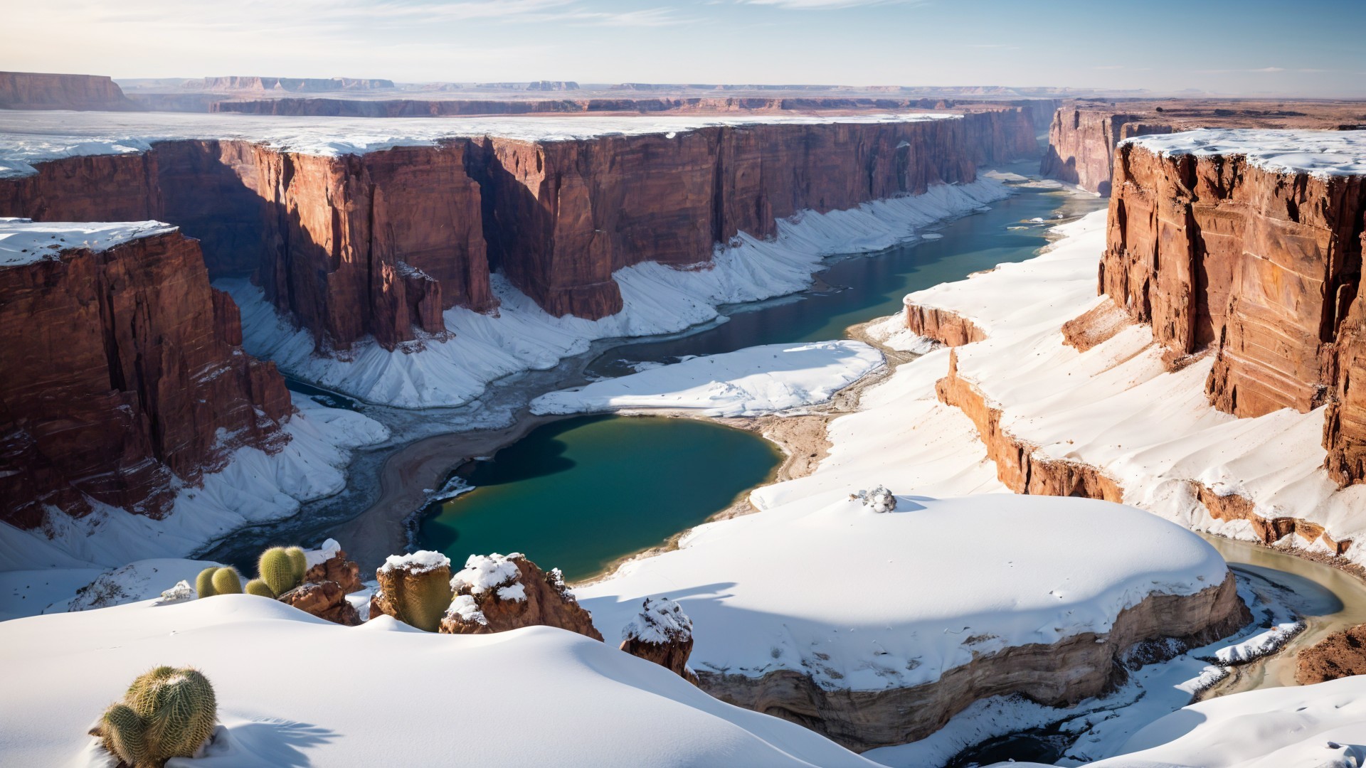 Winter Canyon Landscape with Snow and Cacti