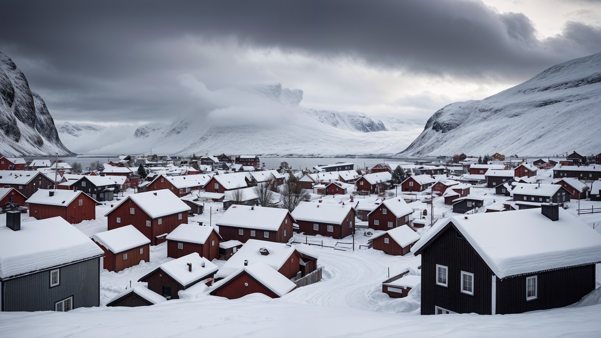 Winter Landscape with Village and Snowy Mountains