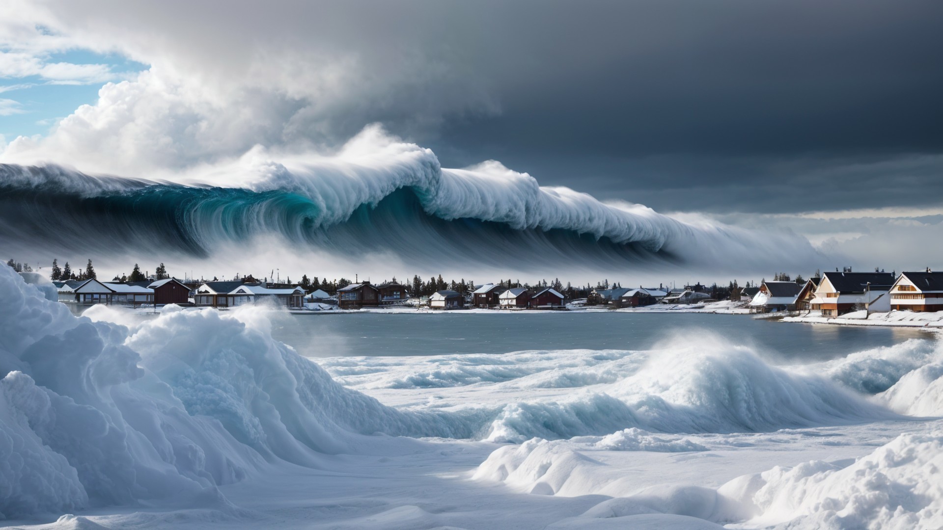 Colossal Wave Over Winter Landscape with Snowy Houses