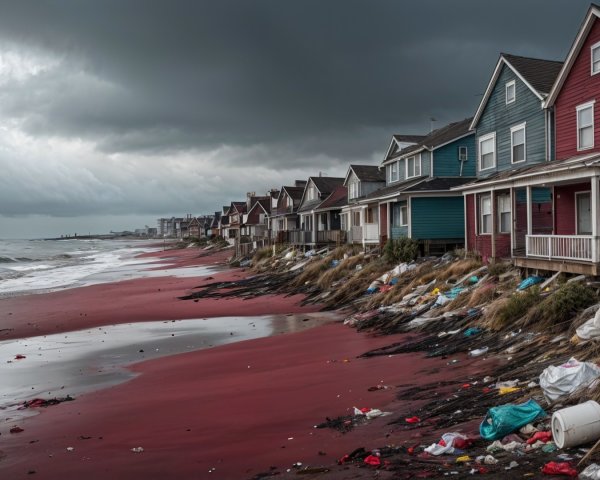 Colorful Houses on a Debris-Littered Coastline