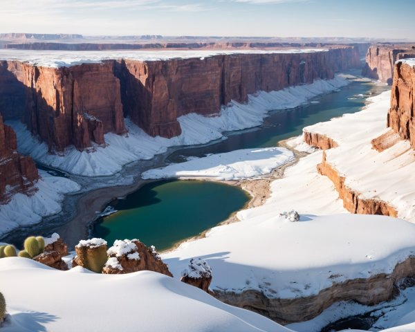 Winter Canyon Landscape with Snow and Cacti