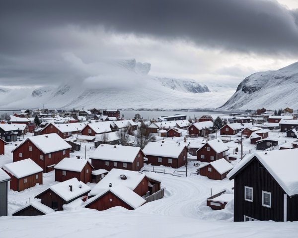 Winter Landscape with Village and Snowy Mountains