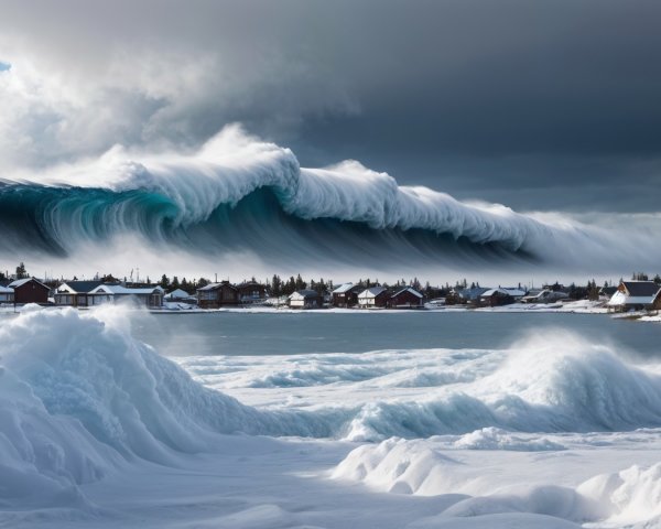 Colossal Wave Over Winter Landscape with Snowy Houses