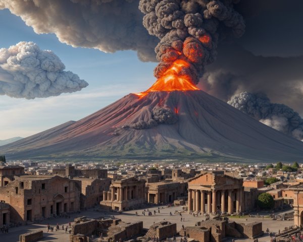 Volcanic Eruption Over Historic City and Ancient Ruins