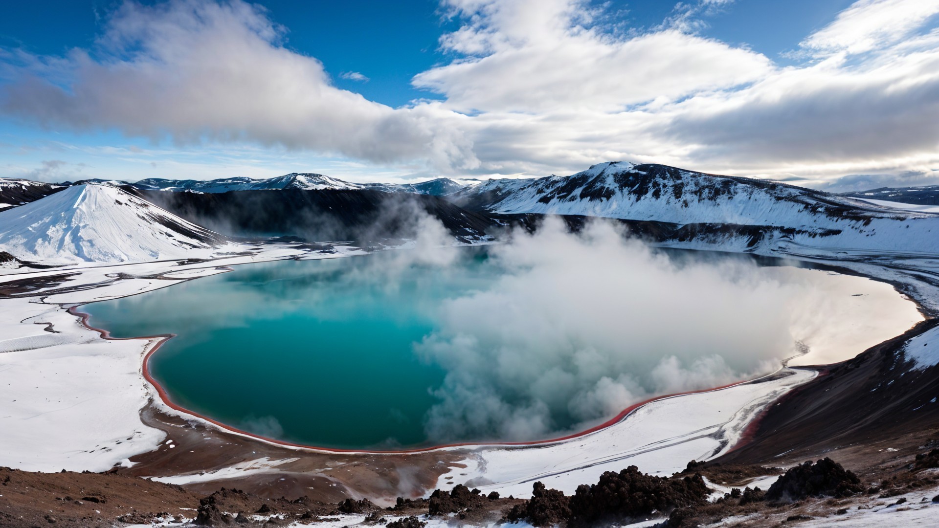 Volcanic Crater Lake Surrounded by Snow-Capped Mountains