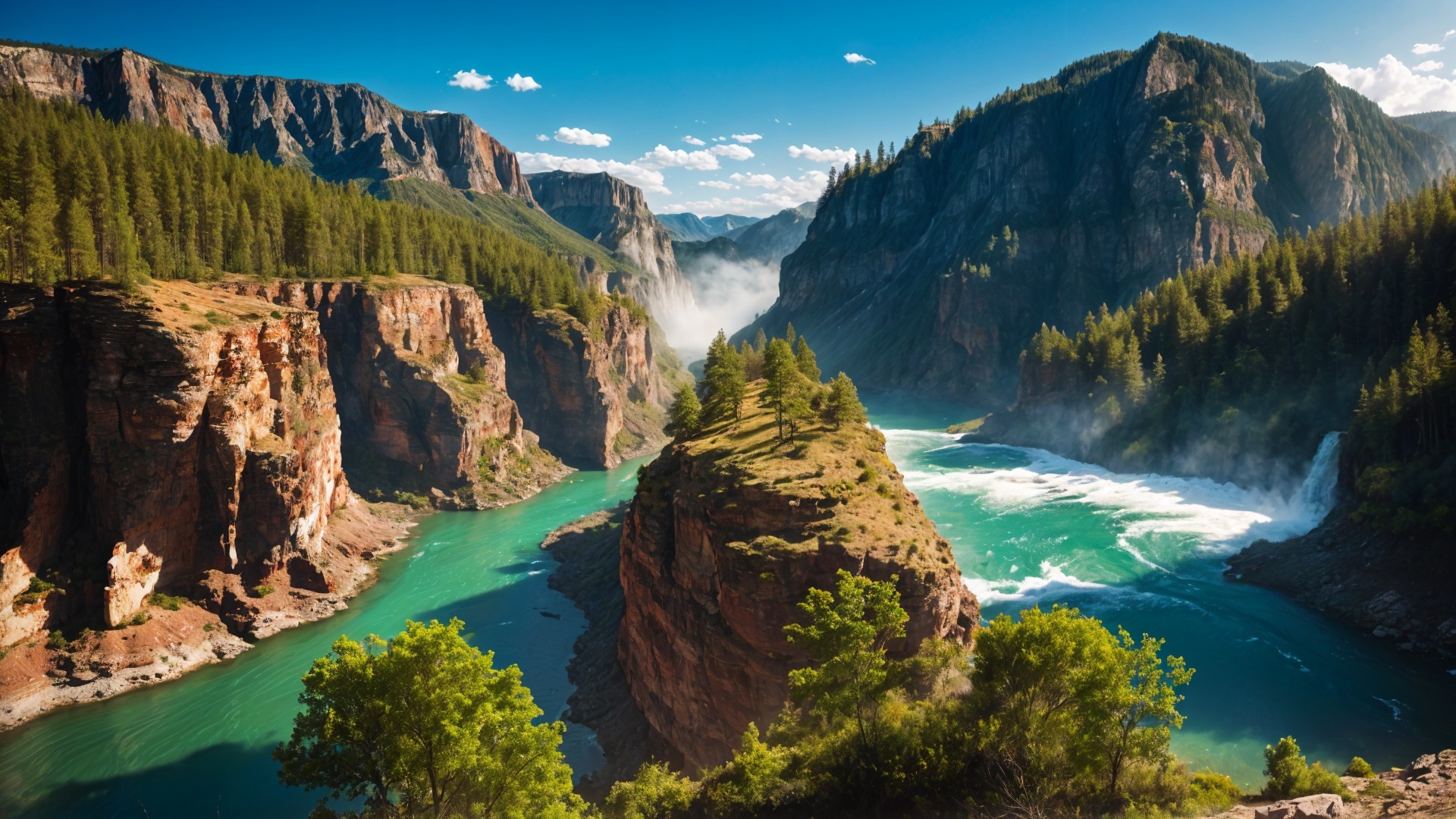 Rugged Cliffs and Turquoise River Landscape Scene