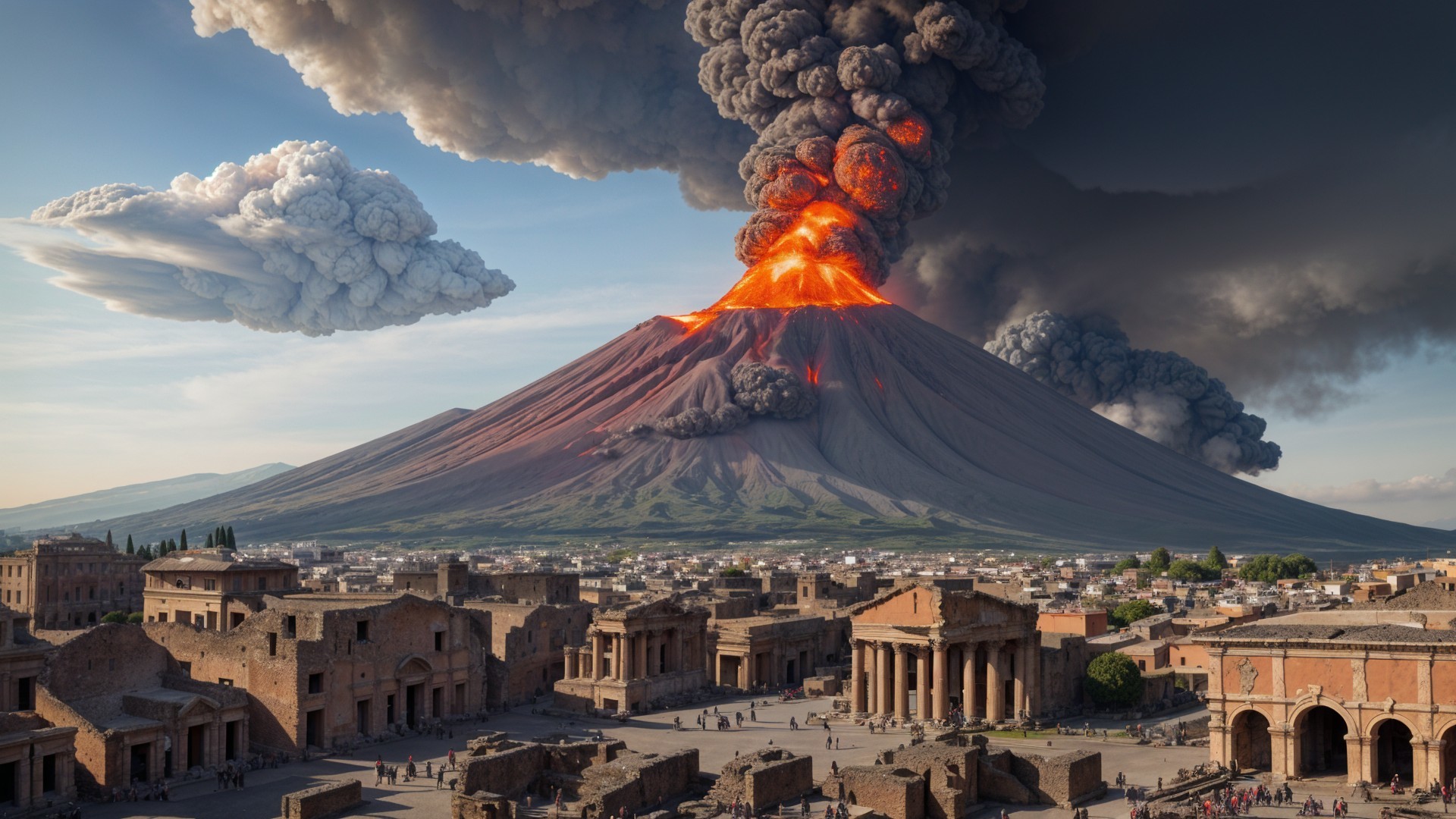 Volcanic Eruption Over Historic City and Ancient Ruins