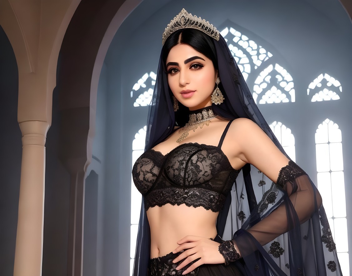 Elegant Woman in Traditional Outfit with Lace Detailing