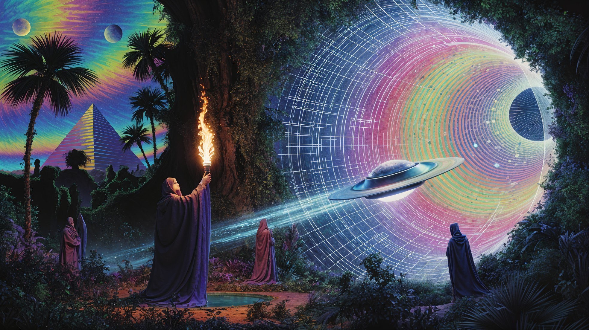 Surreal Jungle Scene with Robed Figures and Portal