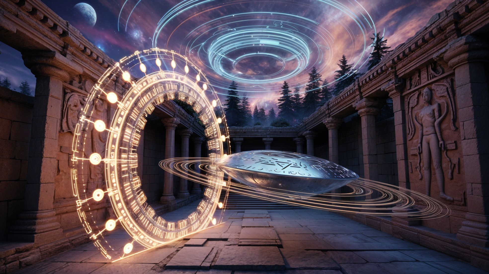 Golden Ring Portal in Ancient Stone Ruins