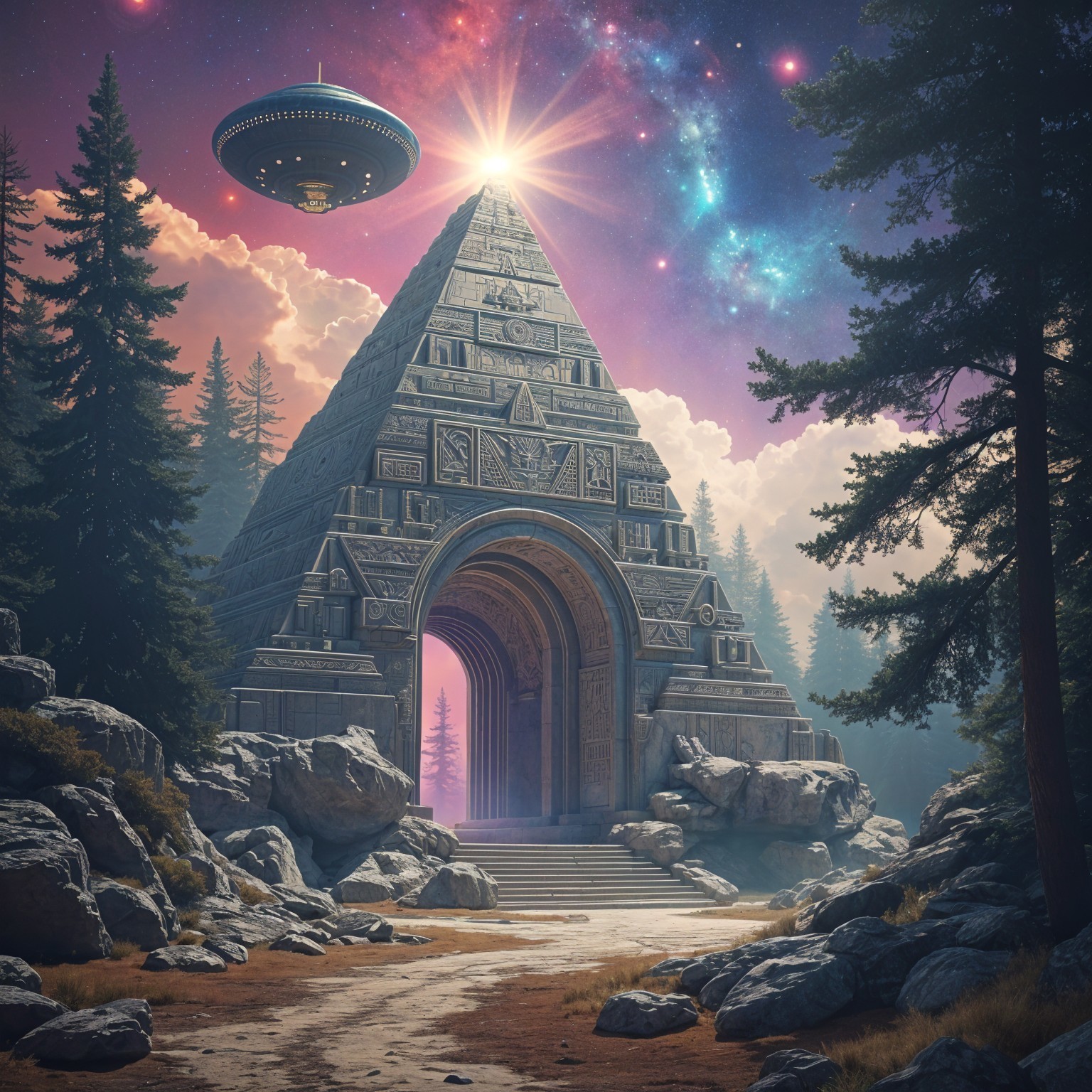 Pyramid Surrounded by Forest and Cosmic Backdrop