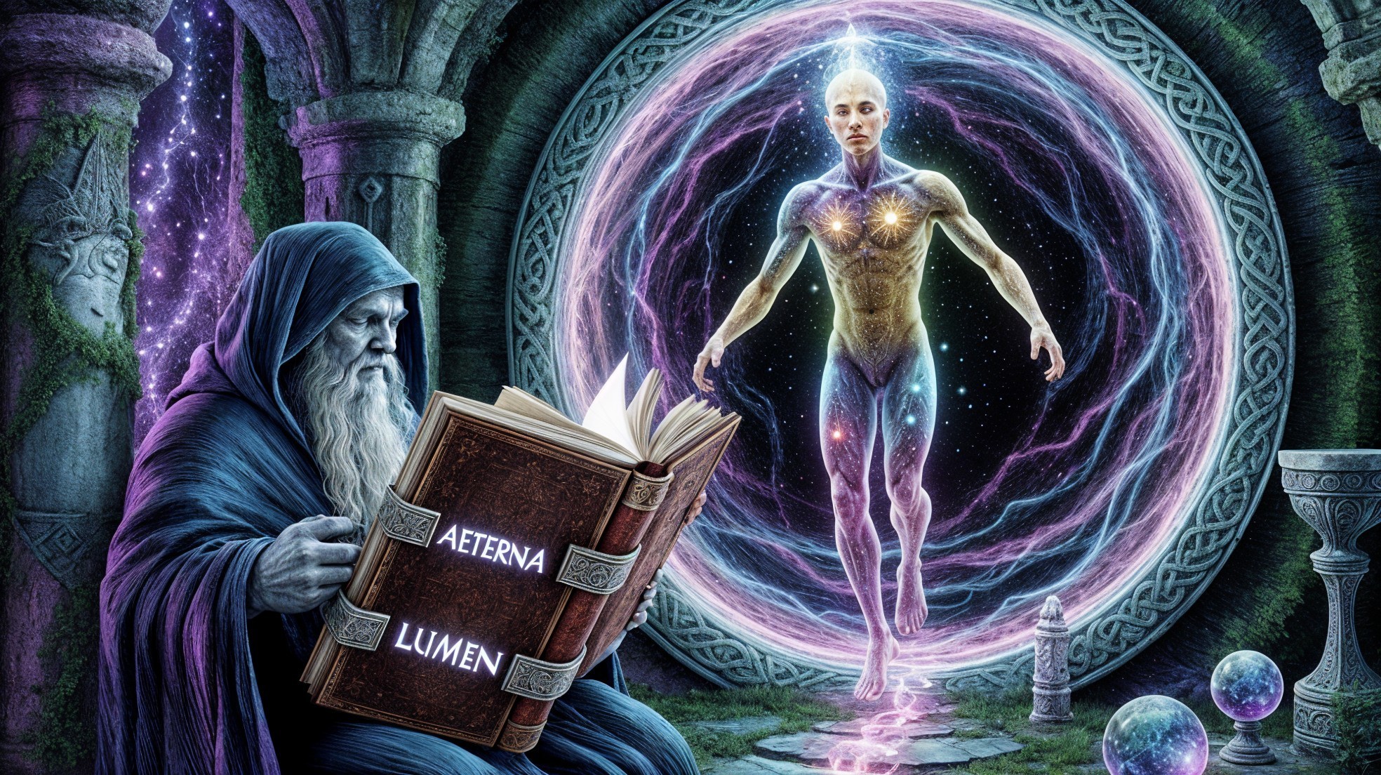 Mystical Scene with Wise Figure and Glowing Portal
