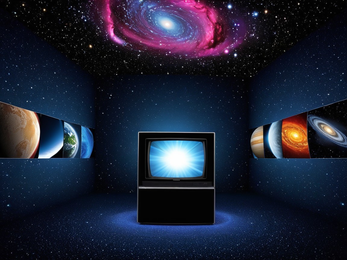 Surreal Room with Cosmic Blue Walls and Celestial Images