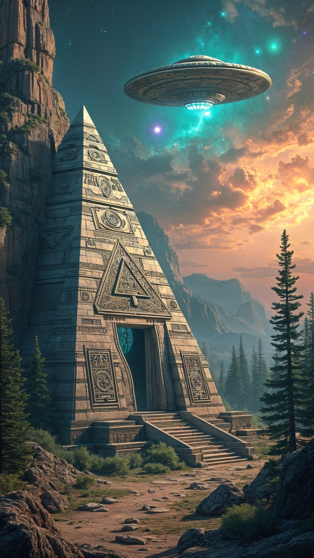 Majestic pyramid with alien spacecraft and vibrant sky
