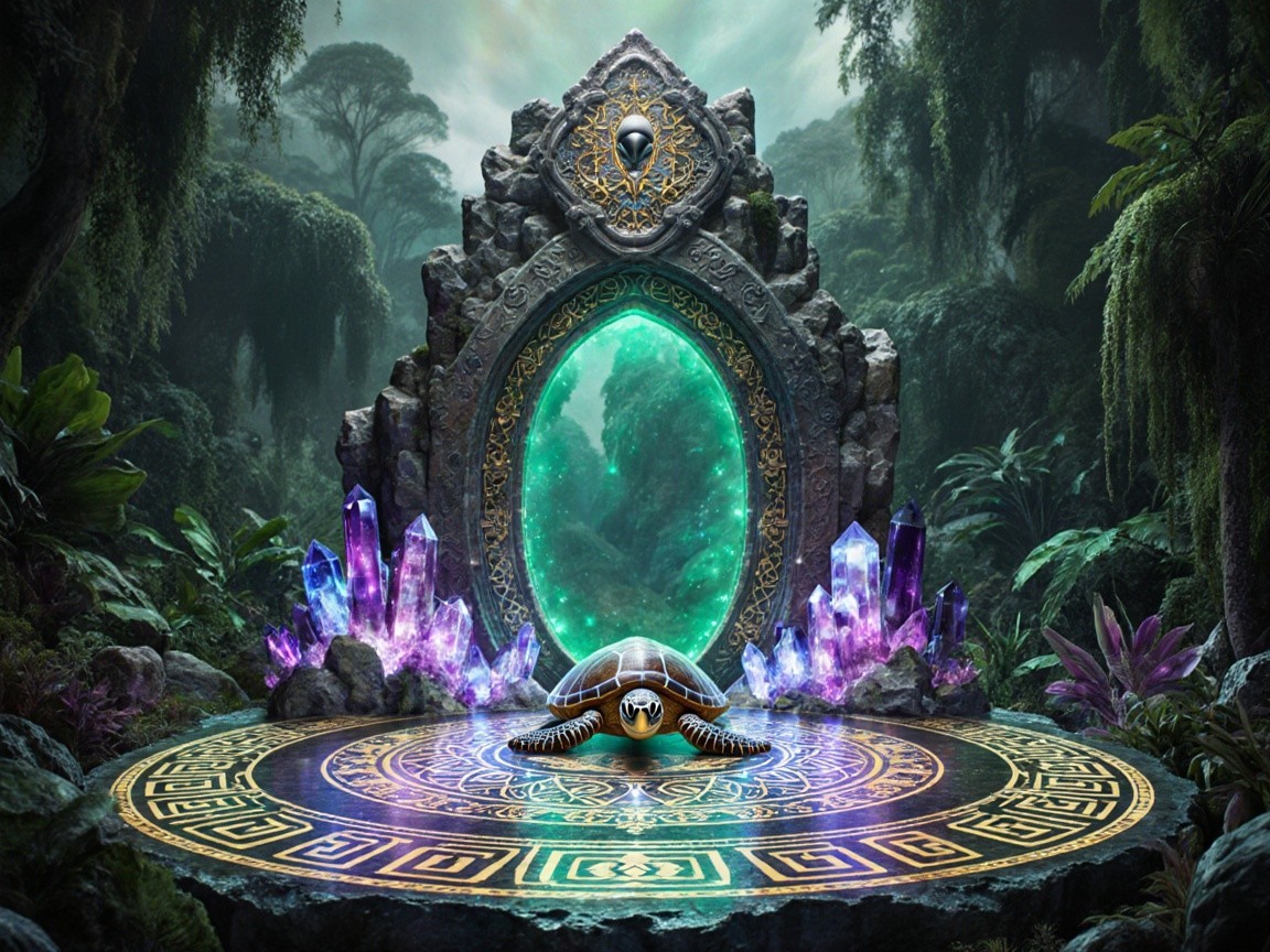 Ornate stone portal in a mystical jungle setting