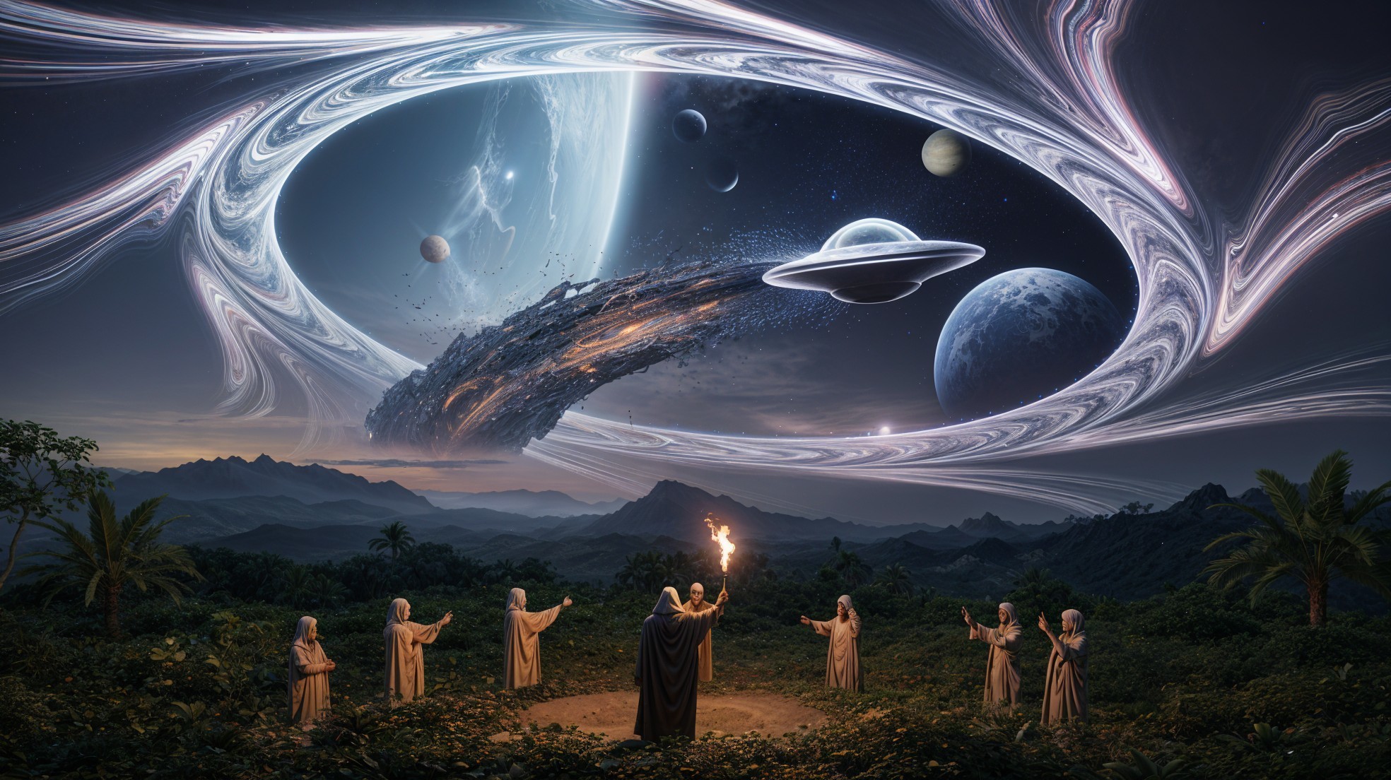 Surreal Cosmic Landscape with Cloaked Figures and Galaxy