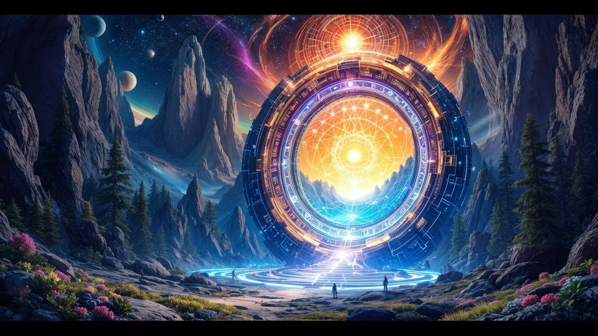 Sci-fi landscape with glowing portal and mountains