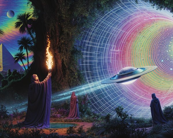 Surreal Jungle Scene with Robed Figures and Portal