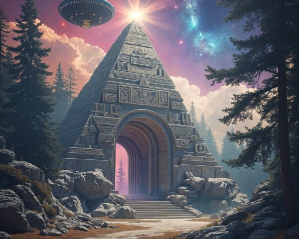 Pyramid Surrounded by Forest and Cosmic Backdrop