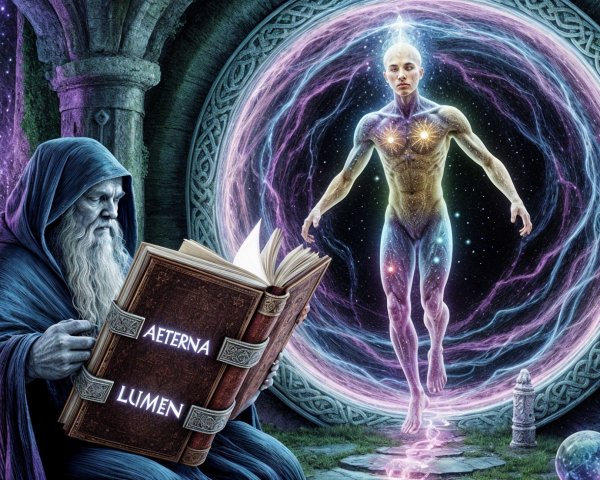 Mystical Scene with Wise Figure and Glowing Portal