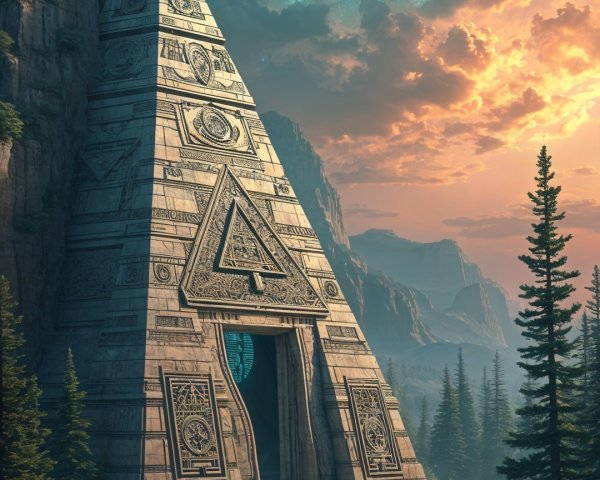 Majestic pyramid with alien spacecraft and vibrant sky