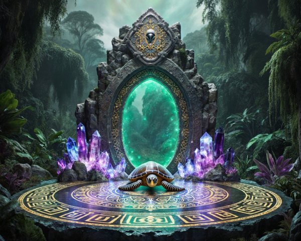 Ornate stone portal in a mystical jungle setting