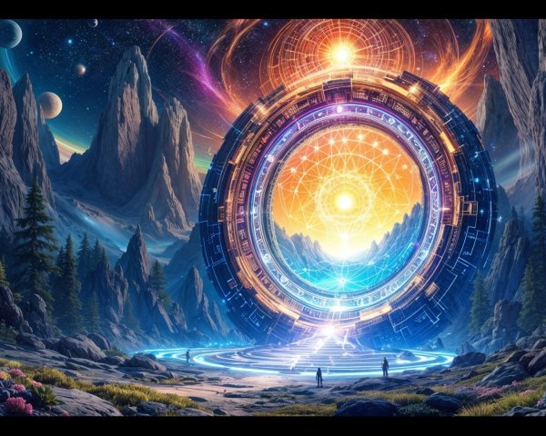 Sci-fi landscape with glowing portal and mountains