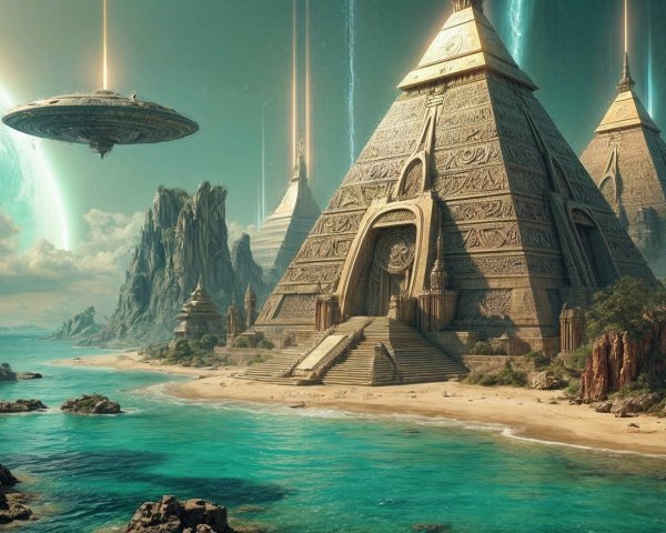 Surreal Landscape with Pyramids and Futuristic Elements