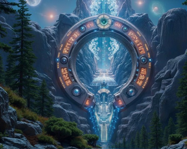 Futuristic portal amidst mountains and cosmic sky