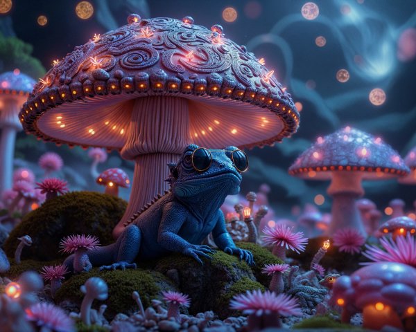 Whimsical Forest Scene with Blue Frog and Mushrooms