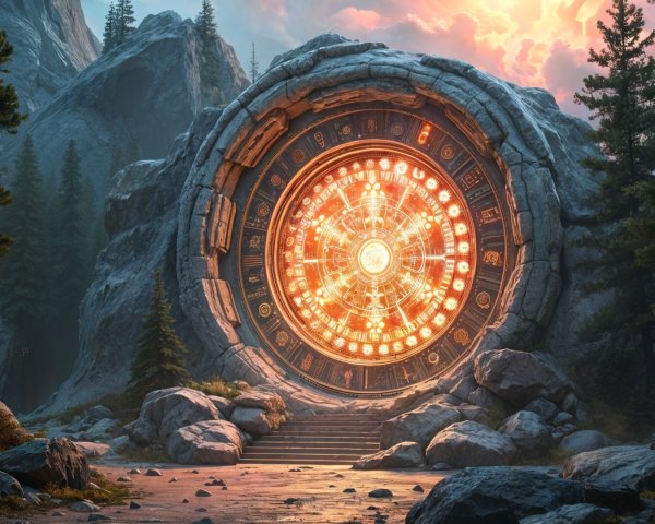 Mystical Stone Portal in Mountainous Forest Landscape