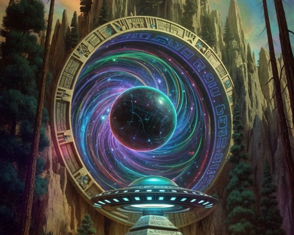 Mystical Portal Surrounded by Mountains and Trees