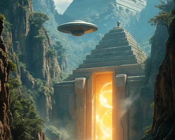 Pyramid Surrounded by Greenery and UFO Above