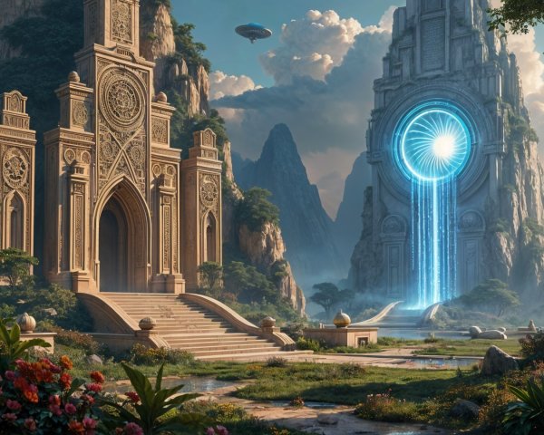 Ornate Stone Gateway in Lush Mountain Landscape
