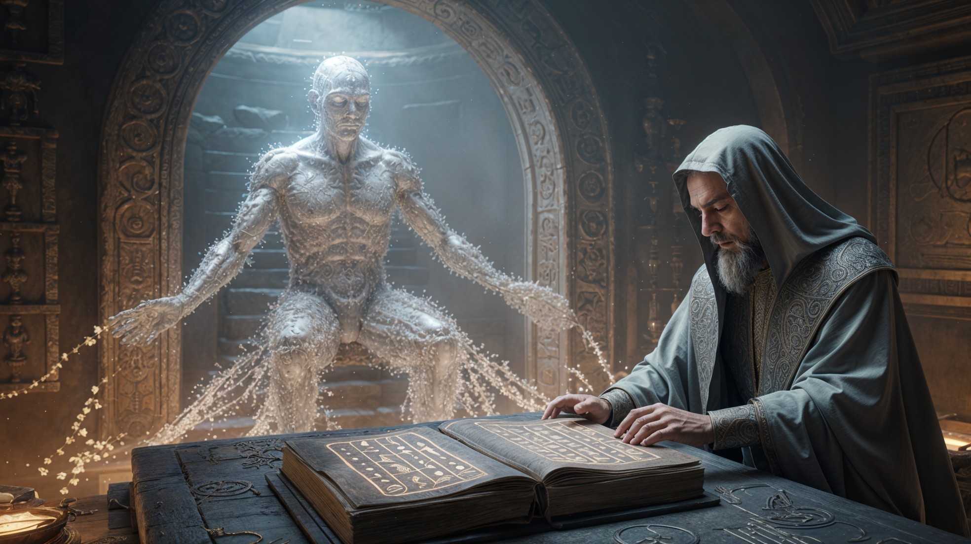 Mystical Chamber with Ancient Sage and Crystalline Figure