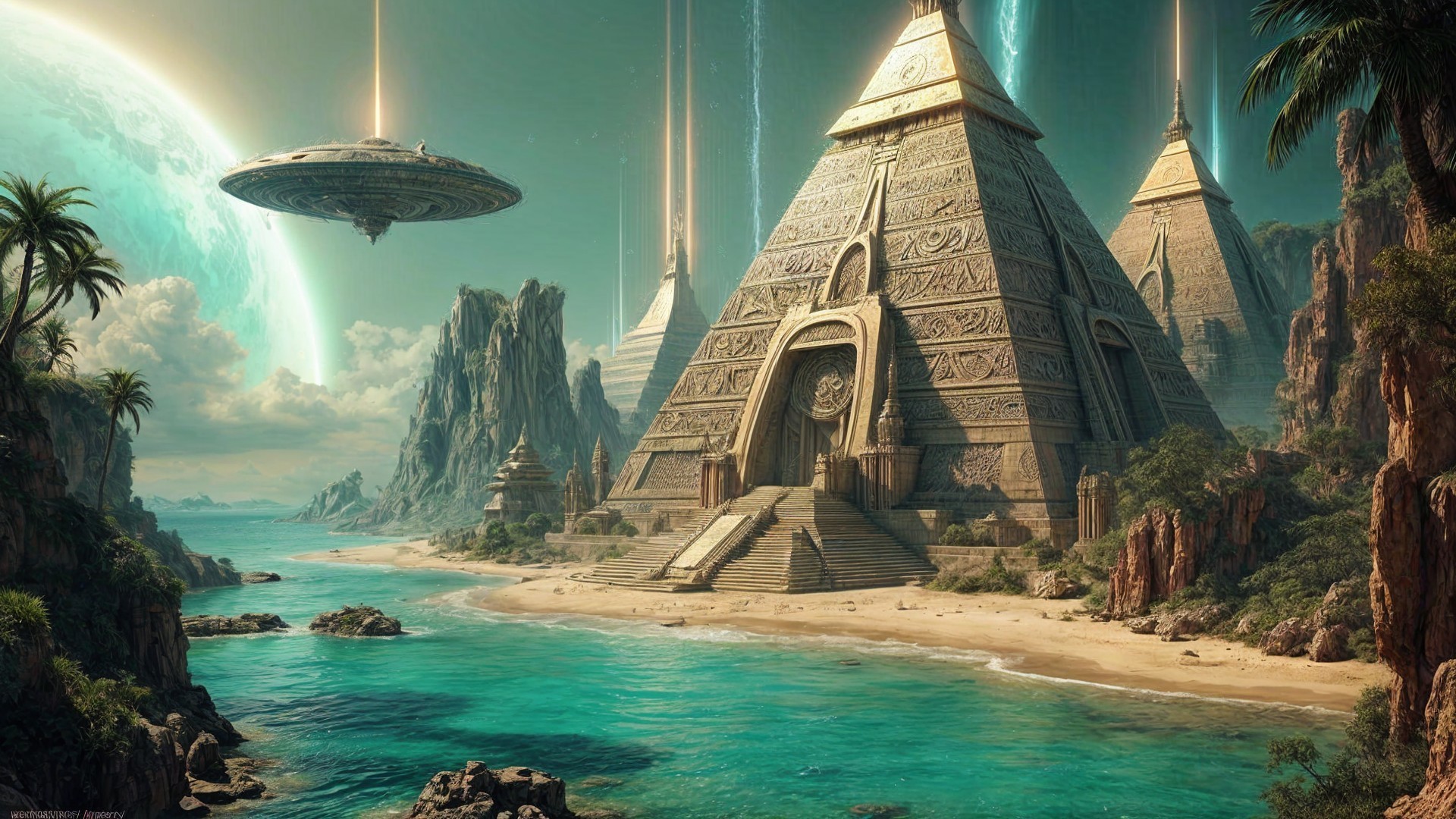 Surreal Landscape with Pyramids and Futuristic Elements