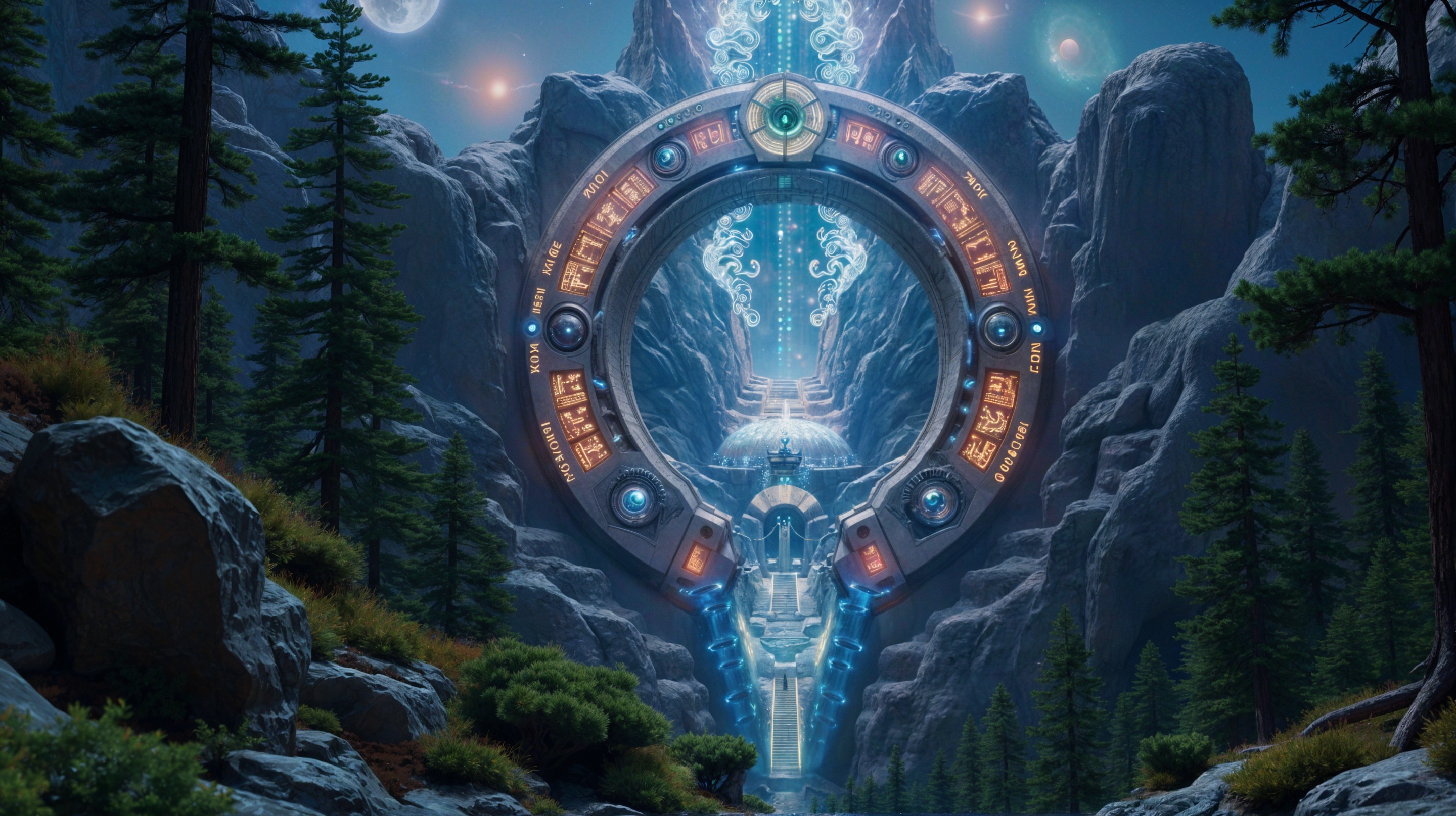 Futuristic portal amidst mountains and cosmic sky