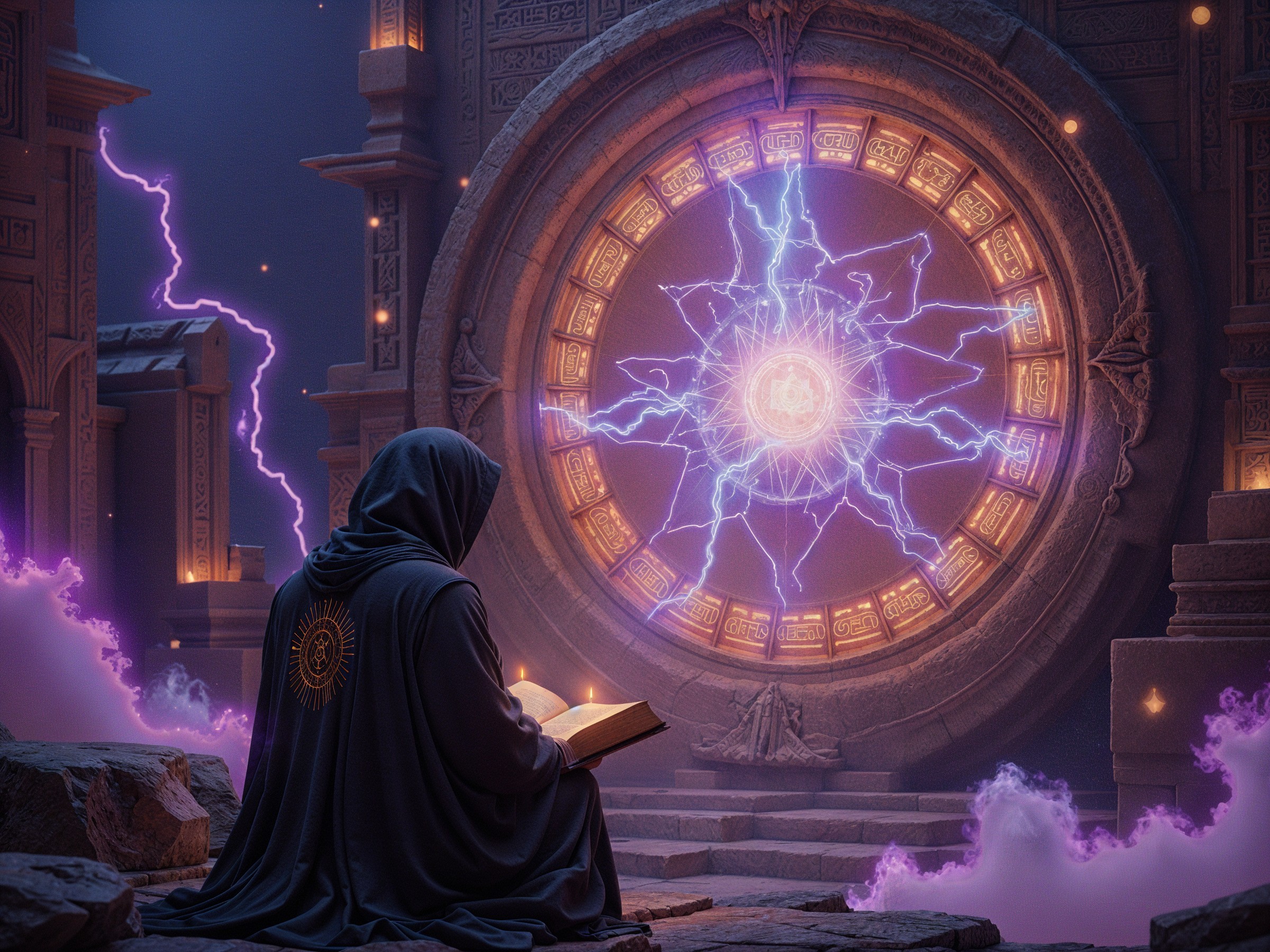 Cloaked Figure in Mystical Chamber with Ancient Tome