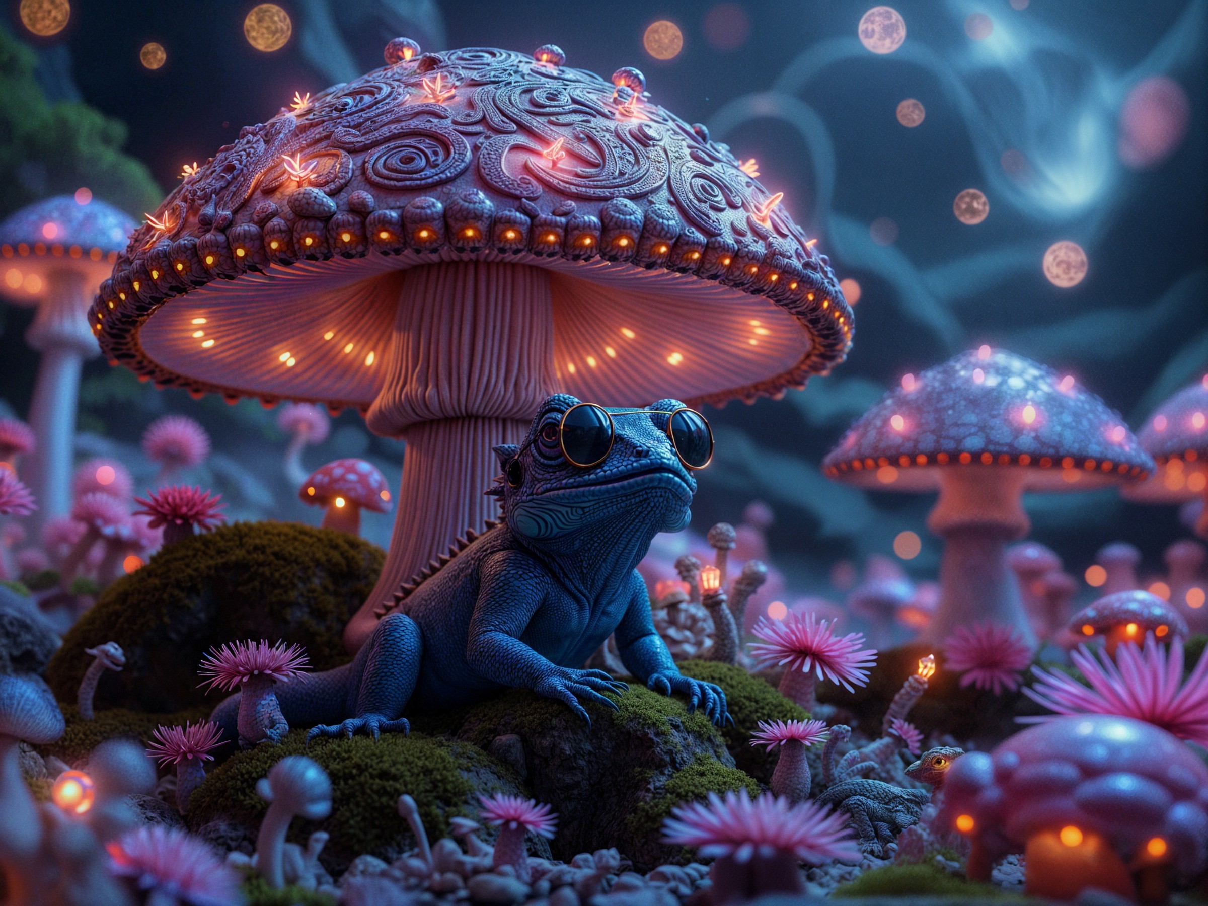 Whimsical Forest Scene with Blue Frog and Mushrooms