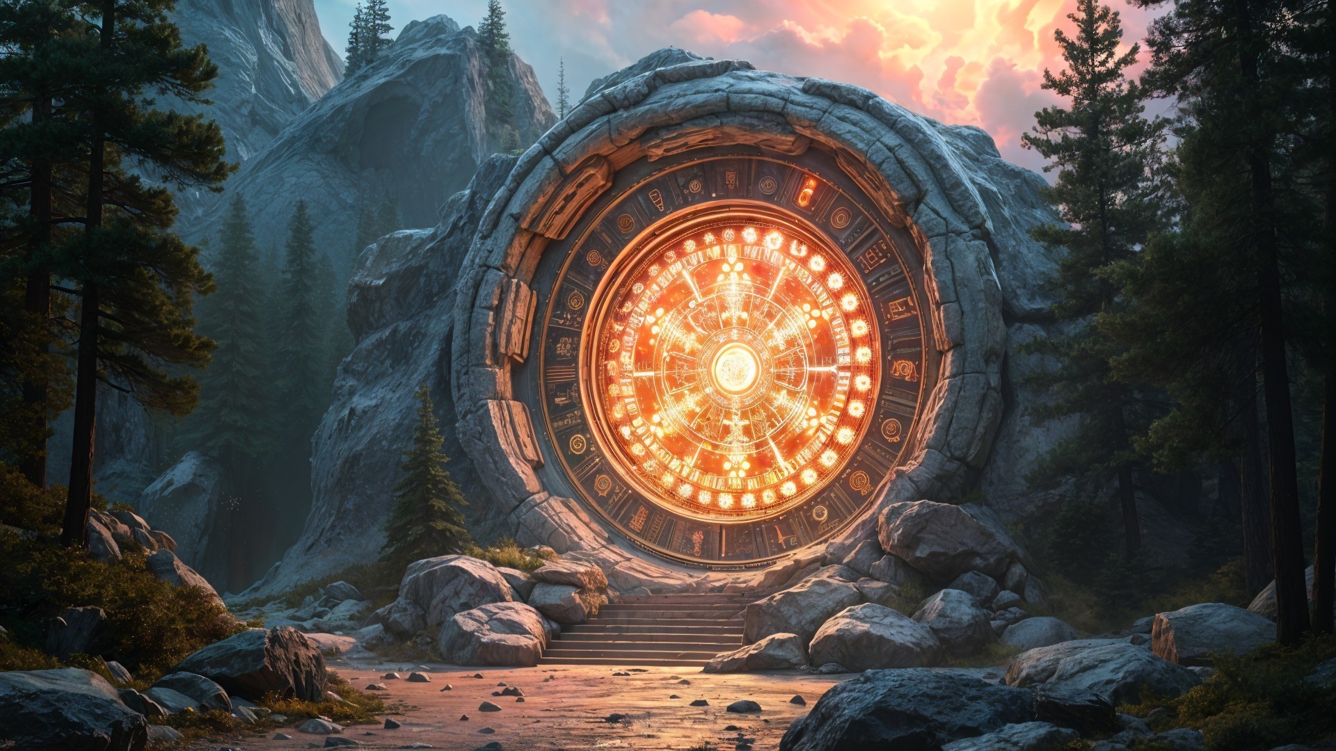 Mystical Stone Portal in Mountainous Forest Landscape