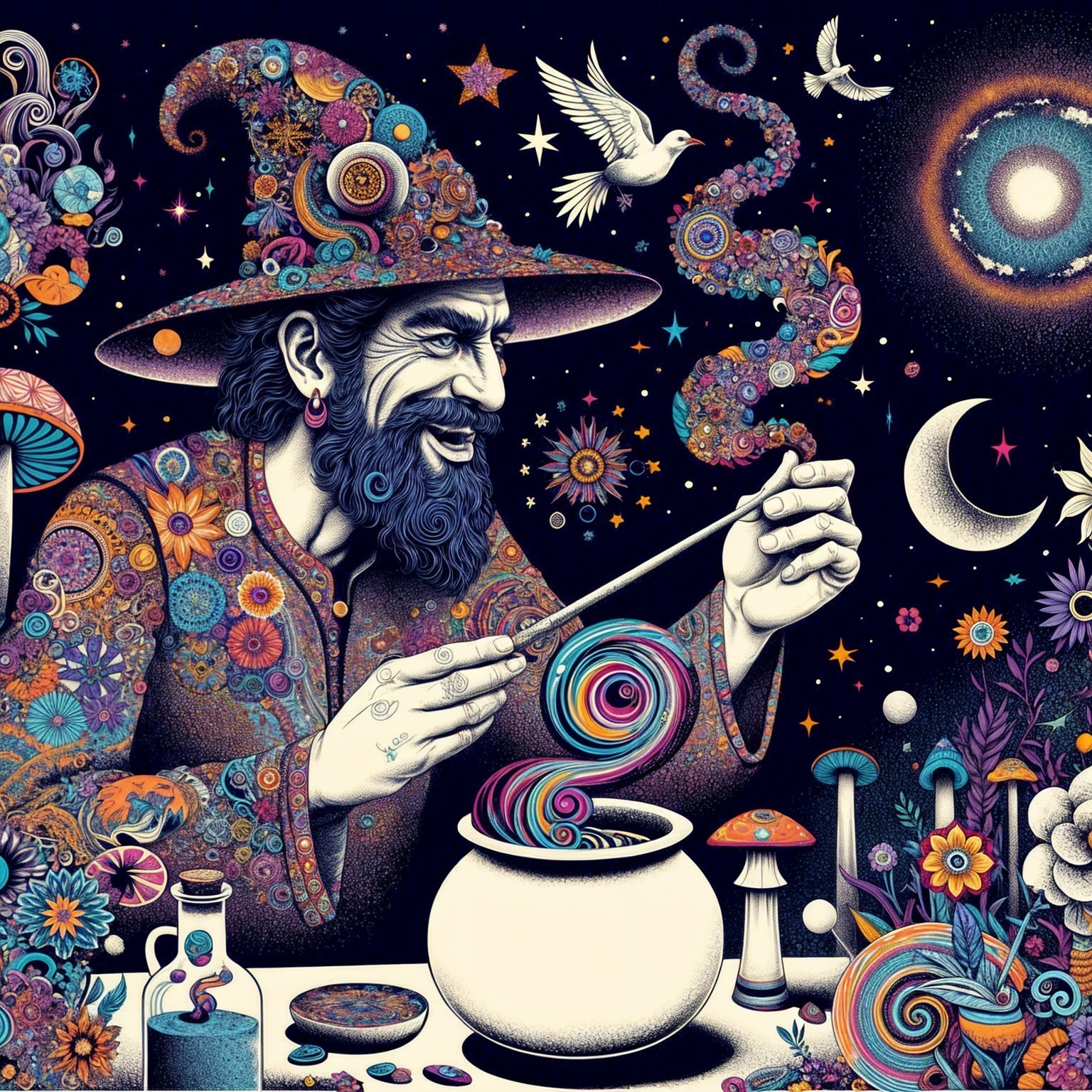 Bearded Wizard with Colorful Potion in Enchanted Setting