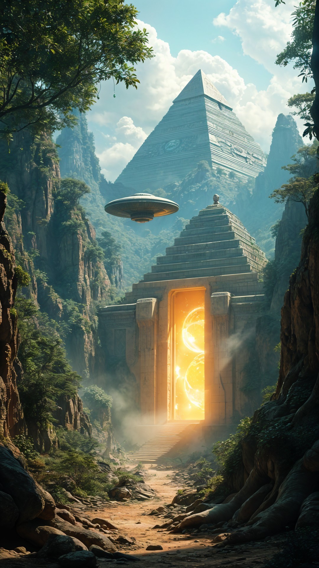 Pyramid Surrounded by Greenery and UFO Above