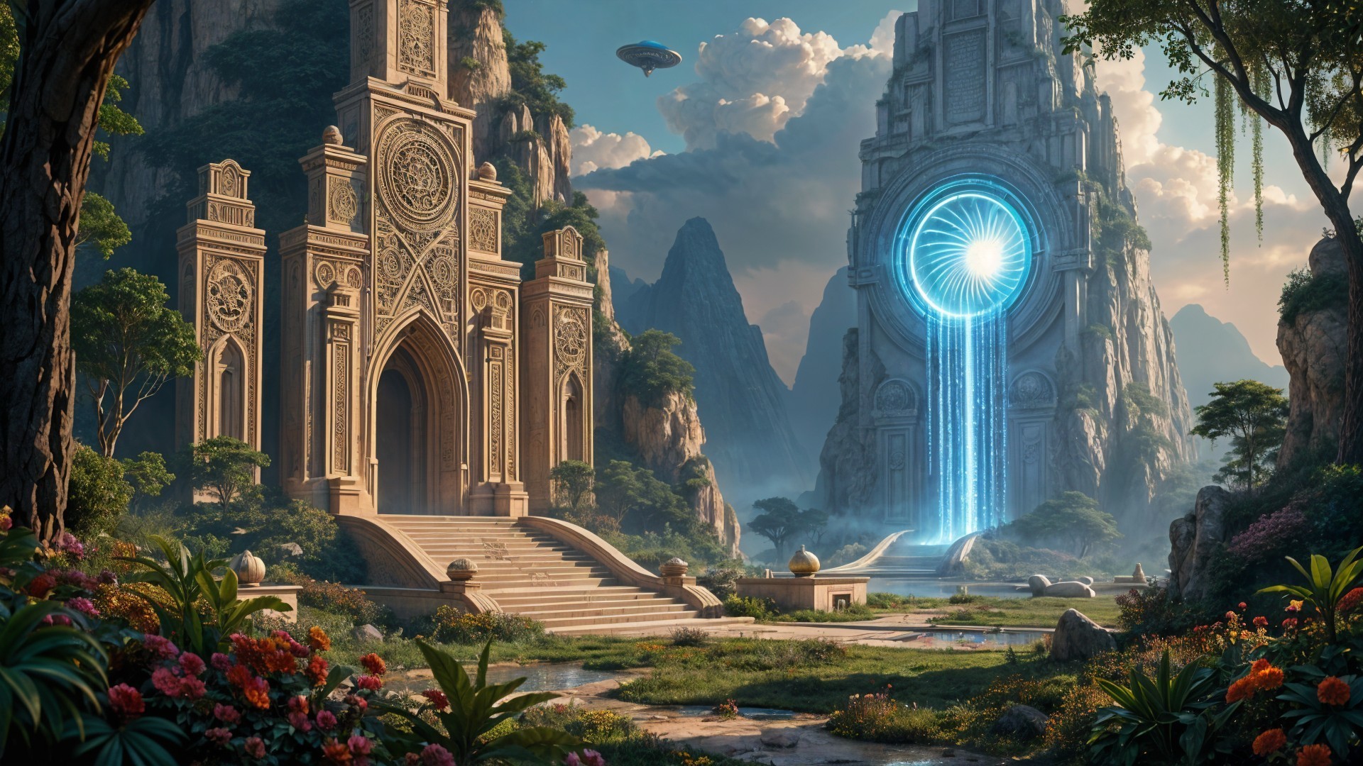 Ornate Stone Gateway in Lush Mountain Landscape