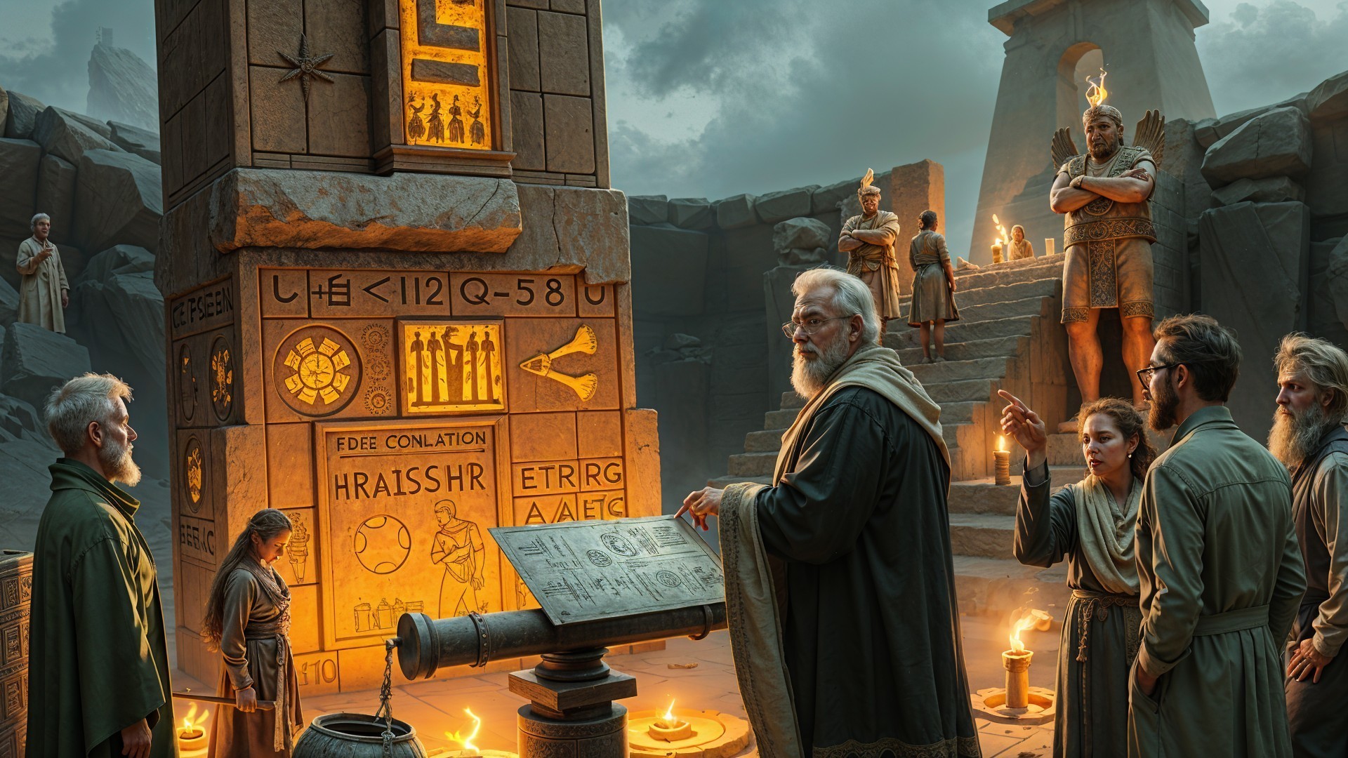 Ancient Temple Gathering Around Glowing Stone Tablet