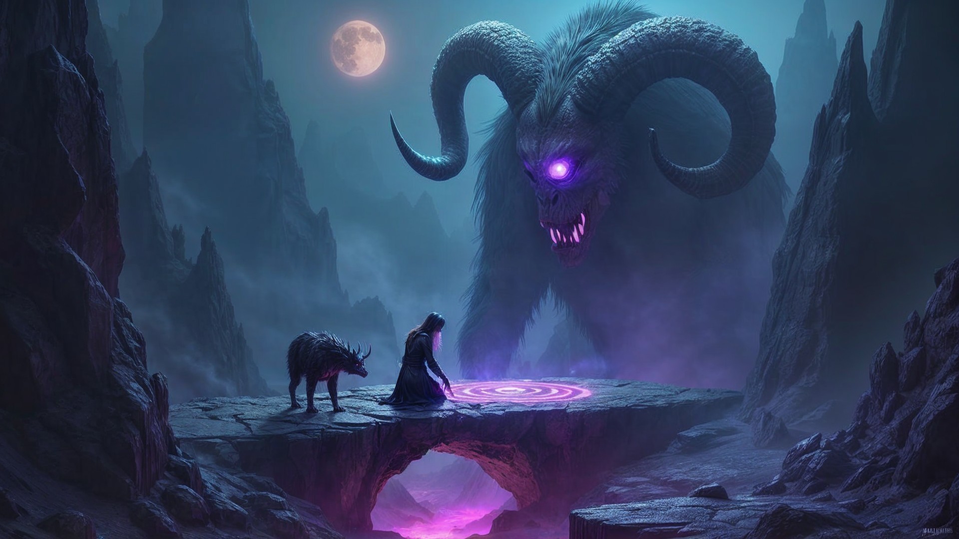 Mystical landscape with a menacing creature and wolf