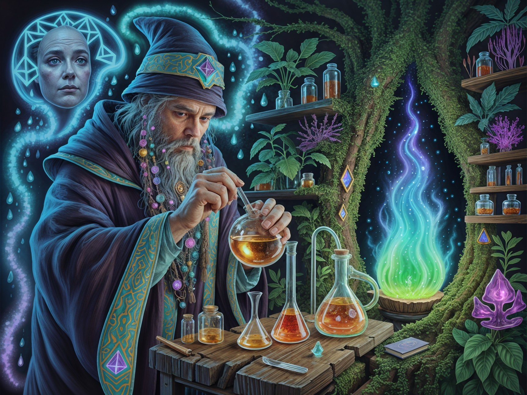 Wizard Brewing Potion in Enchanted Laboratory Setting