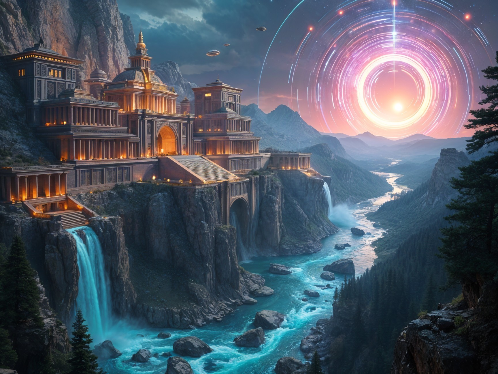 Ancient Palace Surrounded by Waterfalls and Mountains