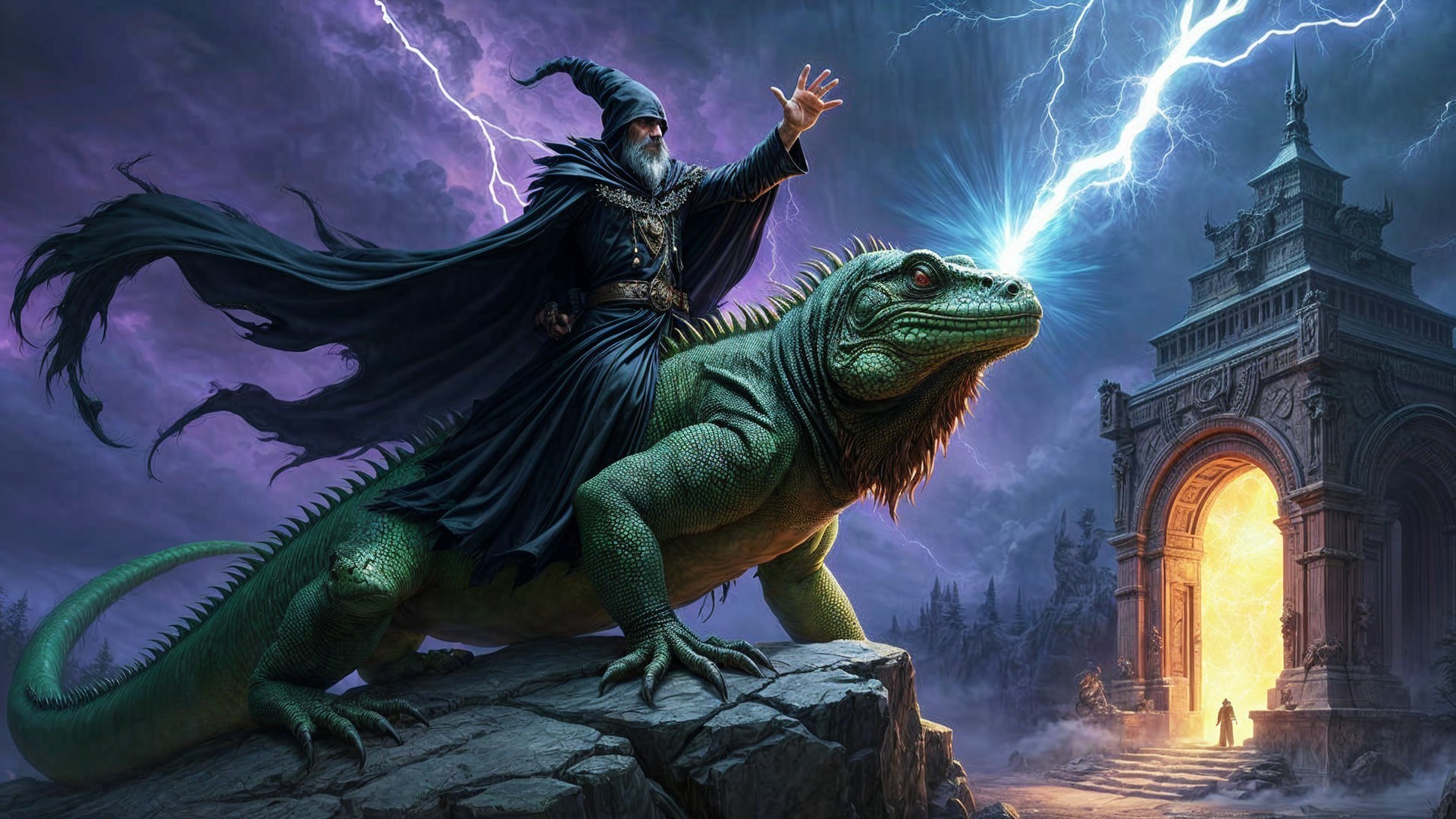 Cloaked wizard conjures lightning on vibrant lizard